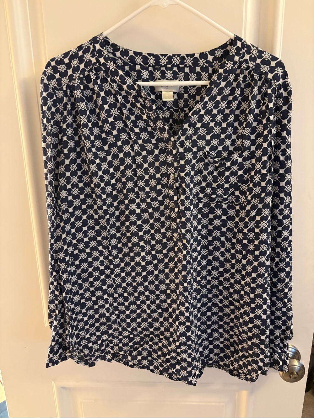 Loft Navy and White Geometric Print Blouse